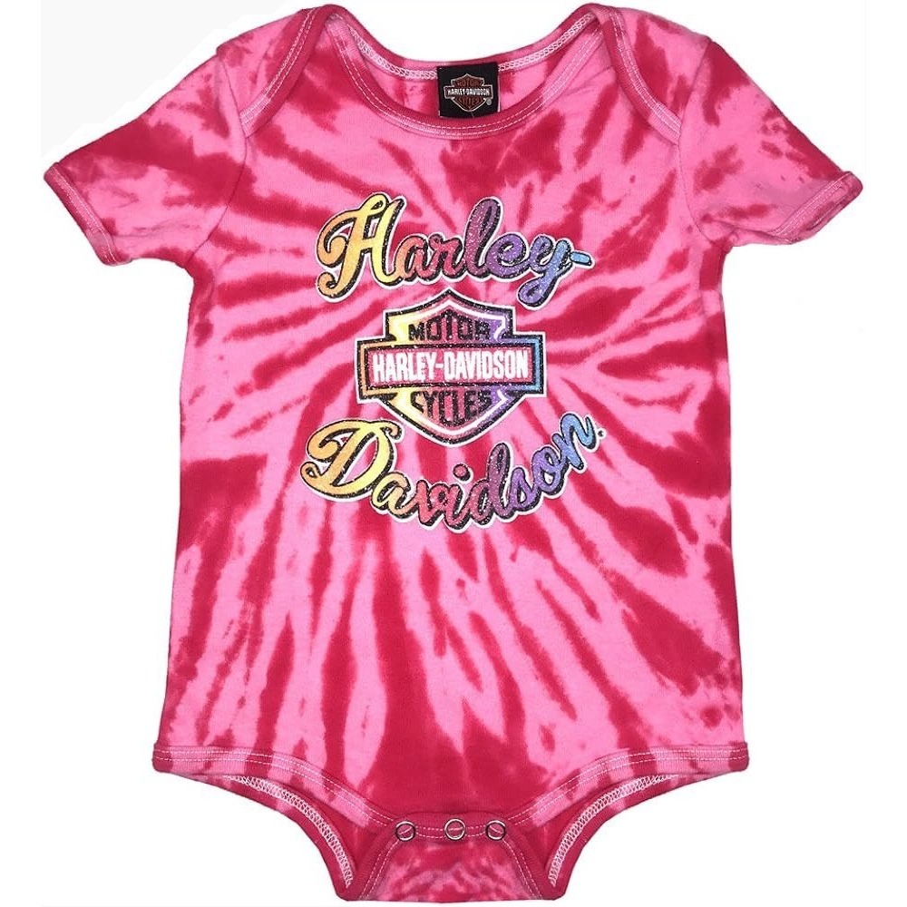 Harley-Davidson Baby Girls Pink Tie Dye Glitter Logo Bodysuit 6/9M Cotton